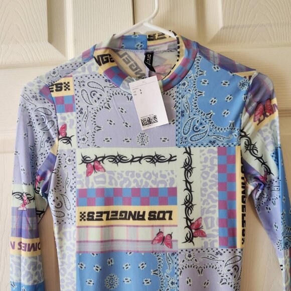 Divided By H&M Patchwork Long Sleeve Bodycon Dress S, Back Cutout - Picture 2 of 9